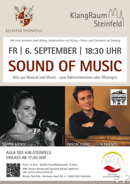 „Sound of Music“ mit Sängerin Sophie Mende, Pianist Pascal Lucke und weiteren Musikern findet am Freitag, 6. September, in der Aula des „Hermann-Josef-Kollegs Steinfeld“ statt. Grafik: Stiftung Kloster Steinfeld/pp/Agentur ProfiPress