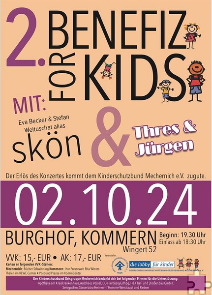 Das zweite „Benefiz for kids“-Konzert im Burghof Kommern findet am Mittwoch, 2. Oktober, ab 19 Uhr statt. Grafik: Kinderschutzbund Mechernich/pp/Agentur ProfiPress