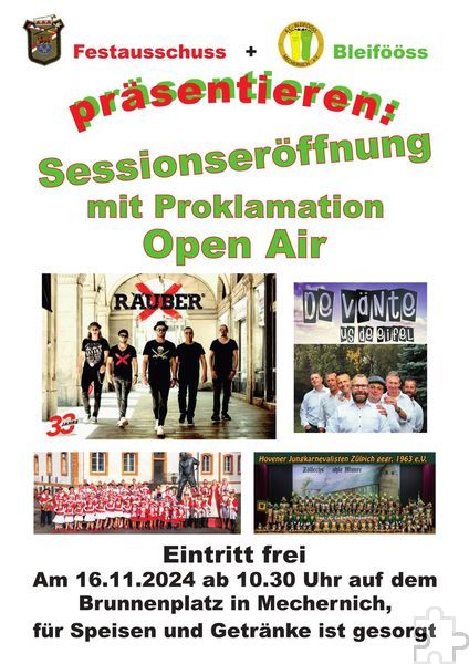 Mit diesem Plakat werben der Festausschuss Mechernicher Karneval und der KC Bleifööss für die Sessionseröffnung inklusive Proklamation des neuen Dreigestirns. Foto: Veranstalter/pp/Agentur ProfiPress