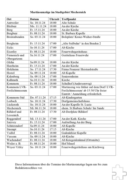 Das ist die Liste der bei Stadtverwaltung Mechernich bis zum Redaktionsschluss des Mechernicher „Bürgerbriefes“ für den 1. November angemeldeten Martinszüge im Stadtgebiet. Zu entnehmen sind der Aufstellung auch die jeweiligen Startpunkte. Repro: Manfred Lang/pp/Agentur ProfiPress