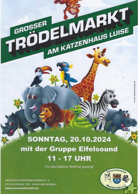 Mit diesem Plakat wirbt der Veranstalter für den Trödelmarkt, dessen Erlös in die Neueinrichtung der Katzenisolierstation investiert werden soll. Grafik: Veranstalter/pp/Agentur ProfiPress