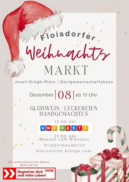 Mit diesem Plakat bewirbt der Verein „Miteinander Füreinander Floisdorf e.V.“ seinen diesjährigen Weihnachtsmarkt am 8. Dezember ab 11 Uhr rund ums Dorfgemeinschaftshaus. Repro: Esther Lorbach/pp/Agentur ProfiPress