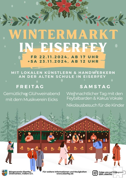 Mit diesem Flyer und Plakat wirbt der Eiserfeyer Bürgerverein für seinen am kommenden Wochenende bevorstehenden „Wintermarkt“. Repro: Manfred Lang/pp/Agentur ProfiPress
