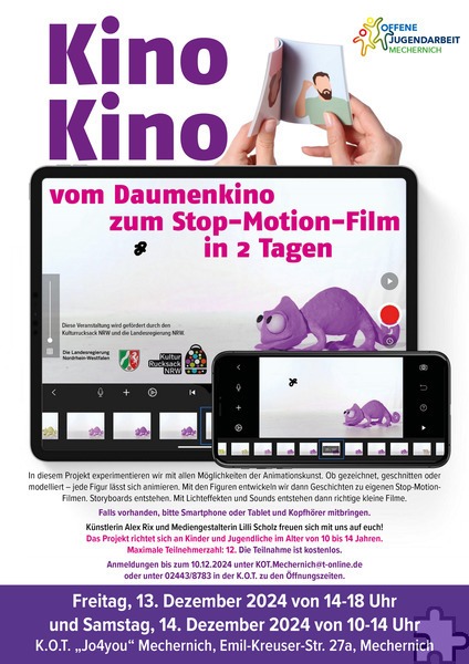 Der kostenlose Workshop „KinoKino - vom Daumenkino zum Stop-Motion-Film“ für Kids findet am 13. und 14. Dezember in Mechernich statt. Grafik: K.O.T. Jo4you Mechernich/pp/Agentur ProfiPress