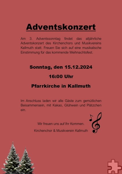 Mit diesem Plakat werben Musikverein und Kirchenchor Kallmuth für ihr gemeinschaftliches Adventskonzert. Repro: Manfred Lang/pp/Agentur ProfiPress