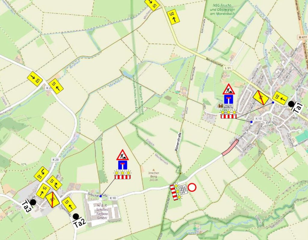 Die Kreisstraße 10 zwischen Floisdorf und Schwerfen bleibt für voraussichtlich drei Wochen gesperrt. Eine Umleitung ist ausgeschildert. Grafik: Stadt Zülpich/pp/Agentur ProfiPress