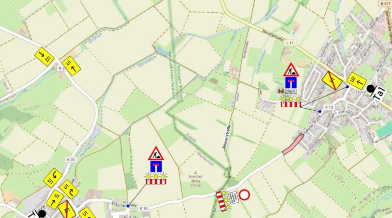 Die Kreisstraße 10 zwischen Floisdorf und Schwerfen wurde bis 7. Februar verlängert. Eine Umleitung ist ausgeschildert. Grafik: Stadt Zülpich/pp/Agentur ProfiPress