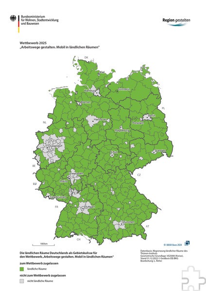 Mechernich zählt zu den „ländlichen Räumen“ Deutschlands, die an dem vom Bundesinstitut für Bau-, Stadt- und Raumforschung ausgelobten Wettbewerb zu Mobilitätsmanagement teilnehmen dürfen. Grafik: BBSR/pp/Agentur ProfiPress