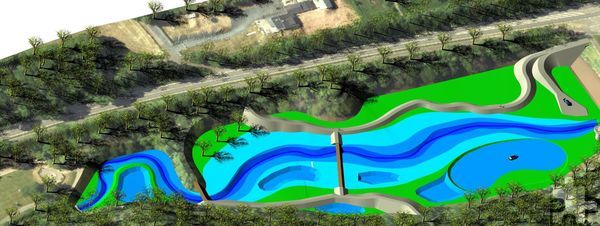 Der Mühlensee soll zum Rückhaltebecken umgestaltet werden. So sehen die aktuellen Visualisierungen zu den Planungen aus, rechterhand ist die Staumauer. Frühester Baubeginn ist Ende 2025. Grafik: Erftverband/pp/Agentur ProfiPress