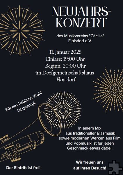 Mit diesem Plakat wirbt der Floisdorfer Musikverein für sein Neujahrskonzert. Grafik: MV Floisdorf/pp/Agentur ProfiPress