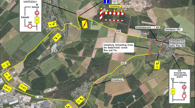 Die Schevener Straße in Kallmuth muss wegen Bauarbeiten für den Hochwasserschutz ab Montag, 18. Februar, für mehrere Wochen voll gesperrt werden. Eine weiträumige Umleitung ist ausgeschildert. Grafik: Stadt Mechernich/pp/Agentur ProfiPress