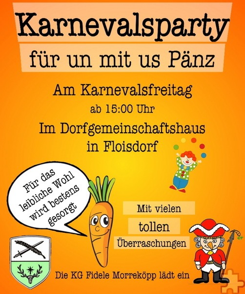 Zu einer bunten Kinderparty mit „vielen tollen Überraschungen“ lädt der KG Fidele Morreköpp Floisdorf am 28. Februar in das örtliche Dorfgemeinschaftshaus ein. Grafik: KG Fidele Morreköpp 1946 Floisdorf e.V./pp/Agentur ProfiPress