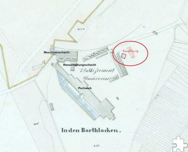 Aus den Akten des Mechernicher Bergwerks-Actien-Vereins: Lageplan des Gaswerks 1 in der Nachbarschaft des Königspochwerks, Europas einst größter Zerkleinerungsanlage für Erze vor der Einschmelzung. Repro: Anton Könen/Stadtarchiv Mechernich/pp/Agentur ProfiPress