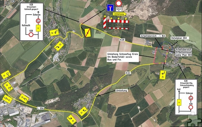 Vollsperrung Kallmuth
Die Schevener Straße in Kallmuth muss wegen Bauarbeiten für den Hochwasserschutz ab Montag, 18. Februar, für mehrere Wochen voll gesperrt werden. Eine weiträumige Umleitung ist ausgeschildert. Grafik: Stadt Mechernich/pp/Agentur ProfiPress
