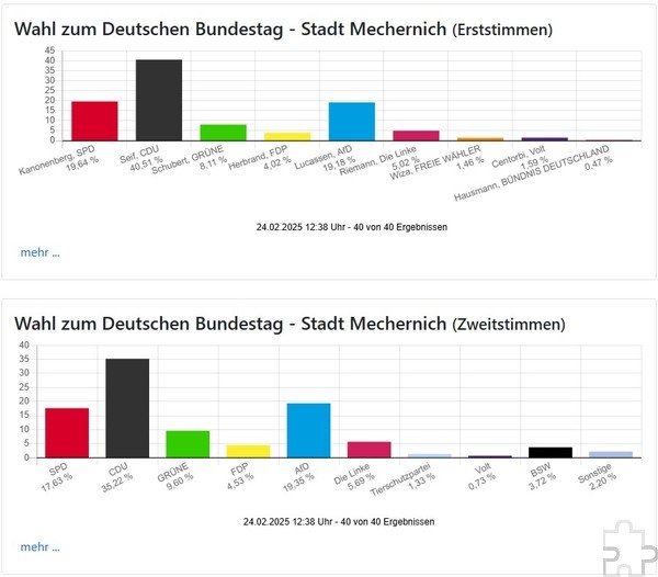 Die mutmaßlichen künftigen Regierungsparteien CDU und SPD lagen bei der Bundestagswahl am Sonntag in Mechernich über dem Durchschnitt, alle anderen einschließlich der AfD schnitten am Bleiberg schlechter ab als in Gesamtdeutschland. Repro: KDVZ/Sabine Roggendorf/pp/Agentur ProfiPress