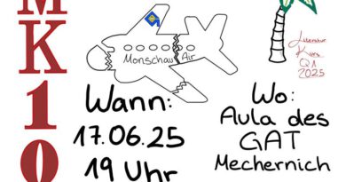 Eine Talkshow, die unverhofft auf eine einsame Insel führt, ist Thema des selbstgeschriebenen Theaterstücks „MK10: Verlorene Stimmen“ am 17. Juni am GAT Mechernich. Grafik: Estelle D./GAT/pp/Agentur ProfiPress
