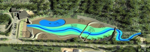 Naherholungsgebiet und Regenrückhaltebecken zugleich: So könnte das Mühlensee-Gelände künftig aussehen. Ein kleiner Teich soll verbleiben und Fußwege werden angelegt. Grafik: Erftverband/pp/Agentur ProfiPress