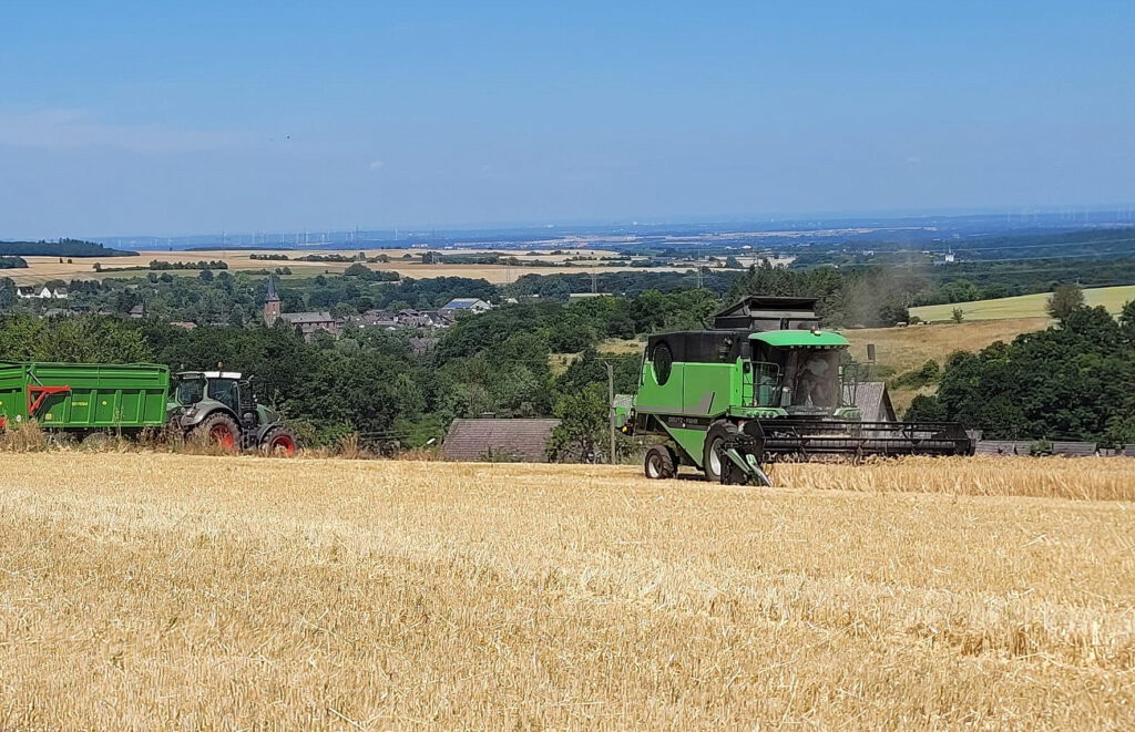 Die Getreideernte im Mechernicher Getreideanbaugebiet hat begonnen – hier am Montag auf einem Gerstenfeld an der Kreisstraße 27 bei Neu-Wielspütz mit Bleibuir und der Zülpicher Börde im Hintergrund. Foto: Sabine Roggendorf/pp/Agentur ProfiPress