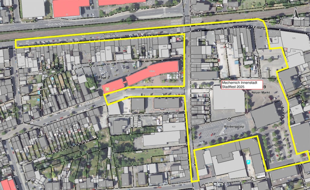 Das Brunnenfest mit seinen zahlreichen Ausstellern und Aktionen benötigt Platz. Daher weist die Verwaltung schon jetzt auf ein Parkverbot hin, das am 10. August ab 6 Uhr im eingezeichneten Bereich gilt. Grafik: Stadt Mechernich/pp/ Agentur ProfiPress