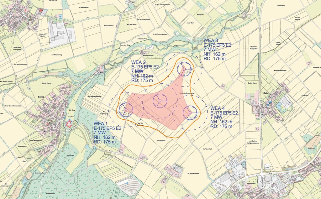 Links Eicks, rechts Gehn und dazwischen vier geplante Windräder mit einer Nabenhöhe von jeweils 162 Metern. Das Genehmigungsverfahren dazu führt der Kreis Euskirchen. Grafik: Stadt Mechernich/pp/Agentur ProfiPress