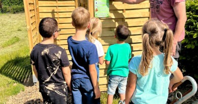 Ortsbürgermeister Nathalie Konias und ihr Mann erklären interessierten Kindern, wie die neue „Schnecken-Toilette“ auf dem Spielplatz in Kommern-Süd funktioniert. Foto: Nathalie Konias/pp/Agentur ProfiPress