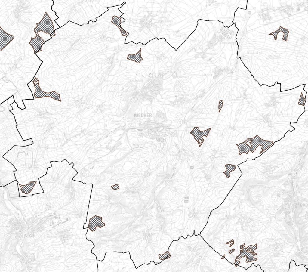 Die Karte zeigt das Stadtgebiet Mechernich und mögliche Vorrangflächen für Windkraftanlagen. Bis zum 7. August sind Bürgerinnen und Bürger aufgerufen, Stellungnahmen zu den Plänen einzureichen. Grafik: Kreis Euskirchen/pp/Agentur ProfiPress