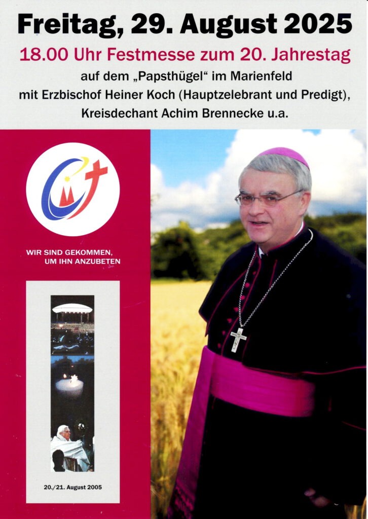 Genau 20 Jahre nach dem unvergesslichen Weltjugendtag 2005 zelebriert der Berliner Erzbischof Heiner Koch am Freitag, 29. August, um 18 Uhr einen feierlichen Gedenkgottesdienst auf dem Horremer Marienfeld. Er war damals als Kölner Weihbischof maßgeblich an der Vorbereitung beteiligt. Repro: Sabine Roggendorf/pp/Agentur ProfiPress