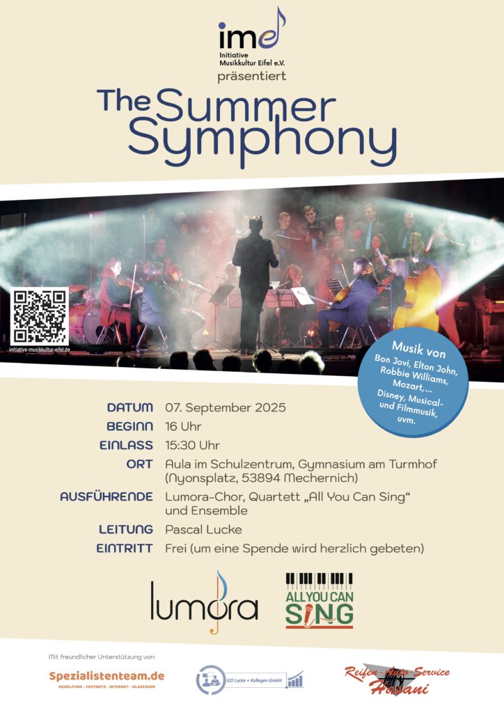 „Ein außergewöhnliches Konzert, das Grenzen zwischen Genres und Epochen überschreitet“ soll es werden: „The Summer Symphony“ am 7. September in der Aula des Mechernicher Schulzentrums. Grafik: Initiative Musikkultur Eifel e.V./pp/Agentur ProfiPress