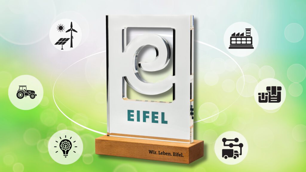 Seit über zehn Jahren zeichnet der „EIFEL-Award“ Unternehmen und partnerschaftliche Verbünde in der Region aus: Die diesjährige Frist läuft noch bis 15. August. Bewerbung und weitere Infos unter wirtschaft.eifel.info/eifel-award-2025. Grafik: Eifel Tourismus GmbH/pp/Agentur ProfiPress