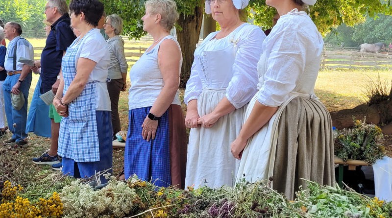 Monika Blaeser, Anita Wolfgarten, Petra Spürkel und Jenny Zimmermann, die Hauswirtschafterinnen des LVR-Freilichtmuseums Kommern hatten neun verschiedene Heilkräuter und Nutzpflanzen gesammelt, die sie am Festtag Maria Himmelfahrt nach einer Segensfeier zu Krautwischen banden und an die Museumsbesucher verschenkten. Foto: Sabine Roggendorf/pp/Agentur ProfiPress