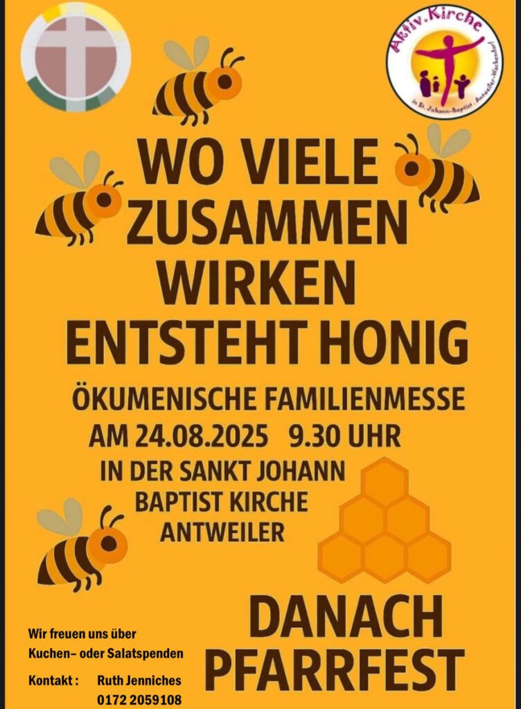 Viel Programm für Groß und Klein erwartet Besucherinnen und Besucher beim Ökumenischen Gottesdienst mit anschließendem Pfarrfest samt viel Programm am 24. August in Antweiler. Grafik: Aktiv.Kirche St. Johann Baptist Antweiler/Wachendorf/pp/Agentur ProfiPress