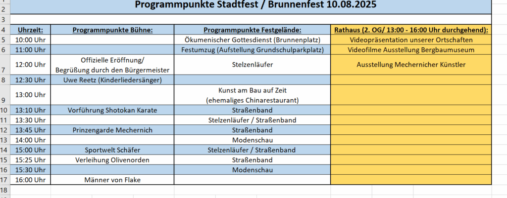 Ein prall gefüllter Terminplan: Die Angebote des Stadt- und Brunnenfestes anlässlich 50-jähriger Stadtwerdung auf einen Blick. Grafik: Stadt Mechernich/pp/Agentur ProfiPress