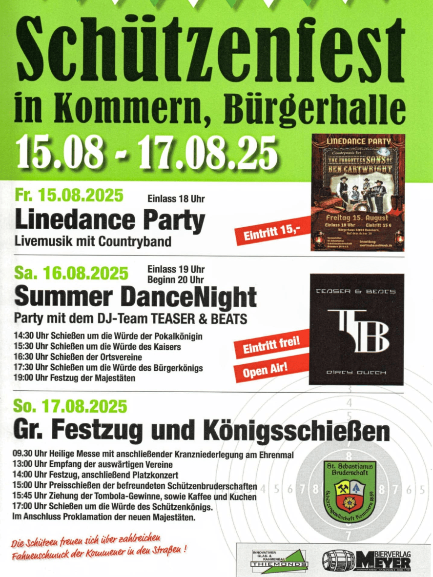 Ein Programm, das Laune macht: Mit Linedance-Party und DJ-Tanz-Event haben sich die Kommerner St. Sebastianus-Schützen ordentlich was einfallen lassen. Grafik: Schützenverein Kommern/pp/Agentur ProfiPress