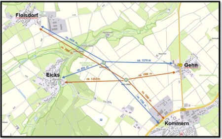 Offenbar eine attraktive Fläche: Obwohl zwischen Eicks, Floisdorf, Gehn und Kommern bereits ein Vorbescheid für vier Windkraftanlagen beim Kreis Euskirchen beantragt wurde, liegt nun ein weiterer Antrag auf Vorbescheidfür zwei Windräder vor. Grafik: Stadt Mechernich/pp/Agentur ProfiPress