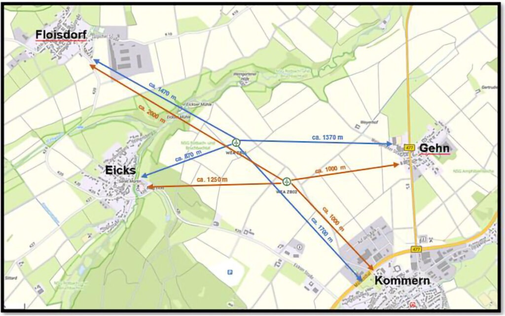 Offenbar eine attraktive Fläche: Obwohl zwischen Eicks, Floisdorf, Gehn und Kommern bereits ein Vorbescheid für vier Windkraftanlagen beim Kreis Euskirchen beantragt wurde, liegt nun ein weiterer Antrag auf Vorbescheidfür zwei Windräder vor. Grafik: Stadt Mechernich/pp/Agentur ProfiPress