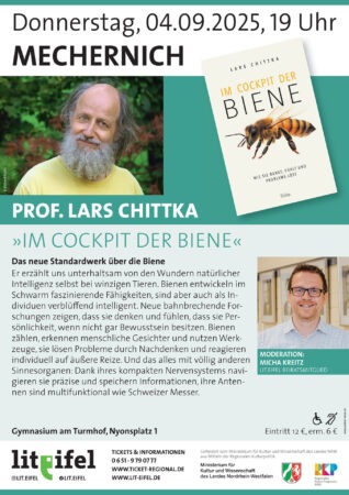 Prof. Lars Chittka liest am 4. September im GAT Mechernich aus „Im Cockpit der Biene“. Grafik: Lit.Eifel/pp/Agentur ProfiPress