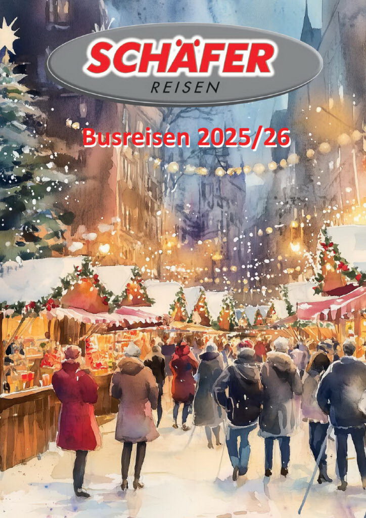 Wieder einmal gelungen und sehr stimmungsvoll: Die Titelseite des neuen Busreisekataloges 2025/26 von „Schäfer-Reisen“ macht bereits jetzt Vorfreude auf Advent, Weihnachten und Silvester, aber auch auf zahlreiche Sommer-, Herbst- und Frühlingsfahrten. Repro: Sabine Roggendorf/pp/Agentur ProfiPress