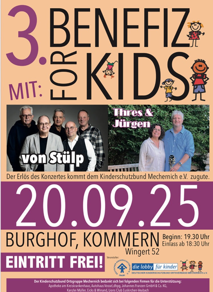 Mit diesem Plakat wirbt der Kinderschutzbund für möglichst viele Besucherinnen und Besucher bei seinem kostenlosen Konzertabend. Um Spenden wird gebeten. Grafik: Kinderschutzbund Ortsverein Mechernich/pp/Agentur ProfiPress
