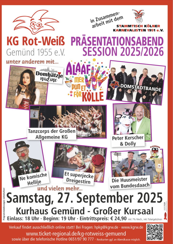 Mit diesem Plakat bewirbt der Stammtisch Kölner Karnevalisten 1951 e.V. seinen närrischen Doppelpack, der am Samstag, 27. September, um 19 Uhr im großen Kursaal von Gemünd eröffnet wird. Repro: Sabine Roggendorf/pp/Agentur ProfiPress