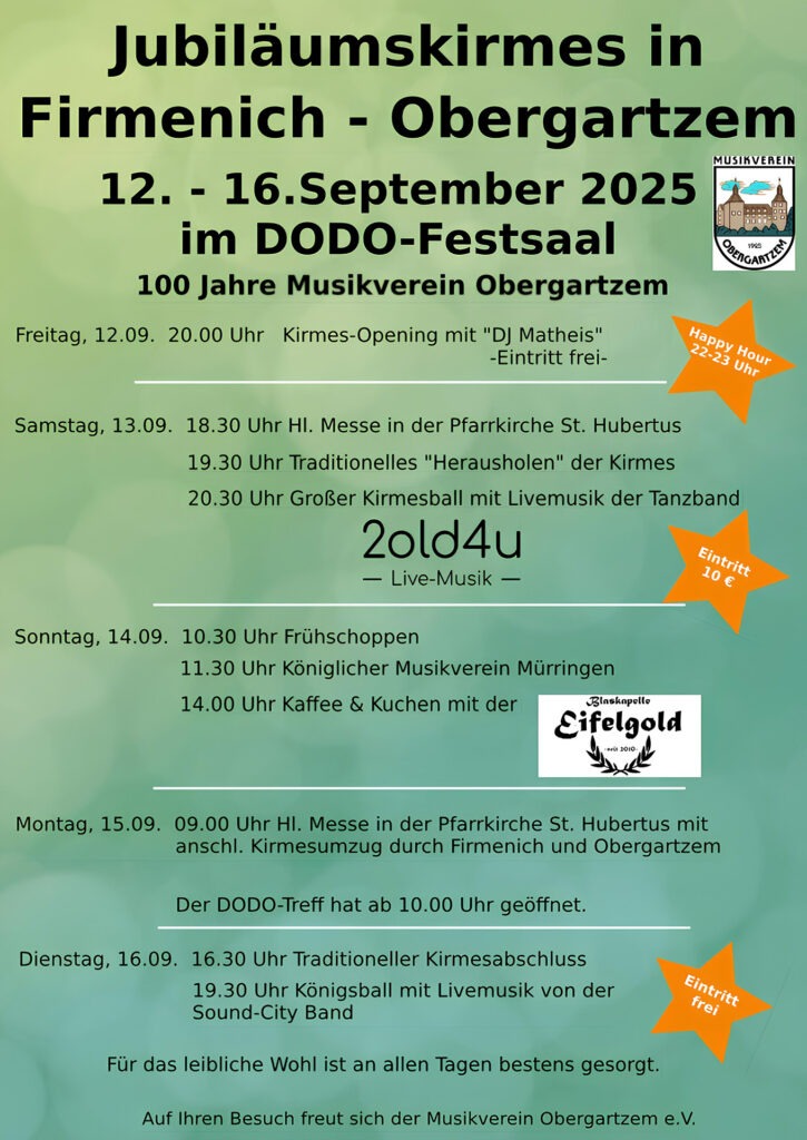 Mit diesem Plakat wirbt der Musikverein Obergartzem für die Jubiläumskirmes zum 100. Geburtstag. Grafik: MV Obergartzem/pp/Agentur ProfiPress