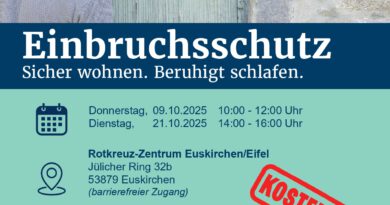 Kostenlos und barrierefrei ist die Info-Veranstaltung im Rotkreuz-Zentrum in Euskirchen, bei der eine Expertin der Polizei über Täterarbeitsweisen sowie die Sicherung von Häusern und Wohnungen informiert.