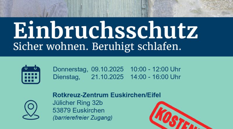 Kostenlos und barrierefrei ist die Info-Veranstaltung im Rotkreuz-Zentrum in Euskirchen, bei der eine Expertin der Polizei über Täterarbeitsweisen sowie die Sicherung von Häusern und Wohnungen informiert.
