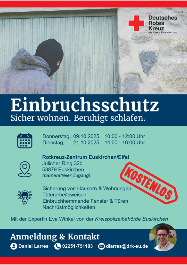 Kostenlos und barrierefrei ist die Info-Veranstaltung im Rotkreuz-Zentrum in Euskirchen, bei der eine Expertin der Polizei über Täterarbeitsweisen sowie die Sicherung von Häusern und Wohnungen informiert. 