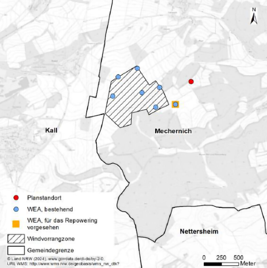 Dass beim geplanten Repowering eines Windrades in der Nähe von Kallmuth ein neuer Standort genutzt werden soll, wurde im Mechernicher Rat mehrheitlich abgelehnt. Grafik: raskin • Umweltplanung und Umwelt-beratung GbR/pp/Agentur ProfiPress