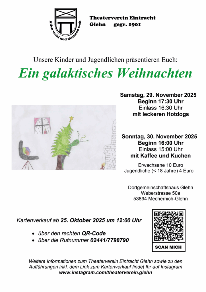Für das „galaktische Weihnachten“ wirbt der Theaterverein „Eintracht“ Glehn mit diesem Plakat. Grafik: Veranstalter/pp/Agentur ProfiPress