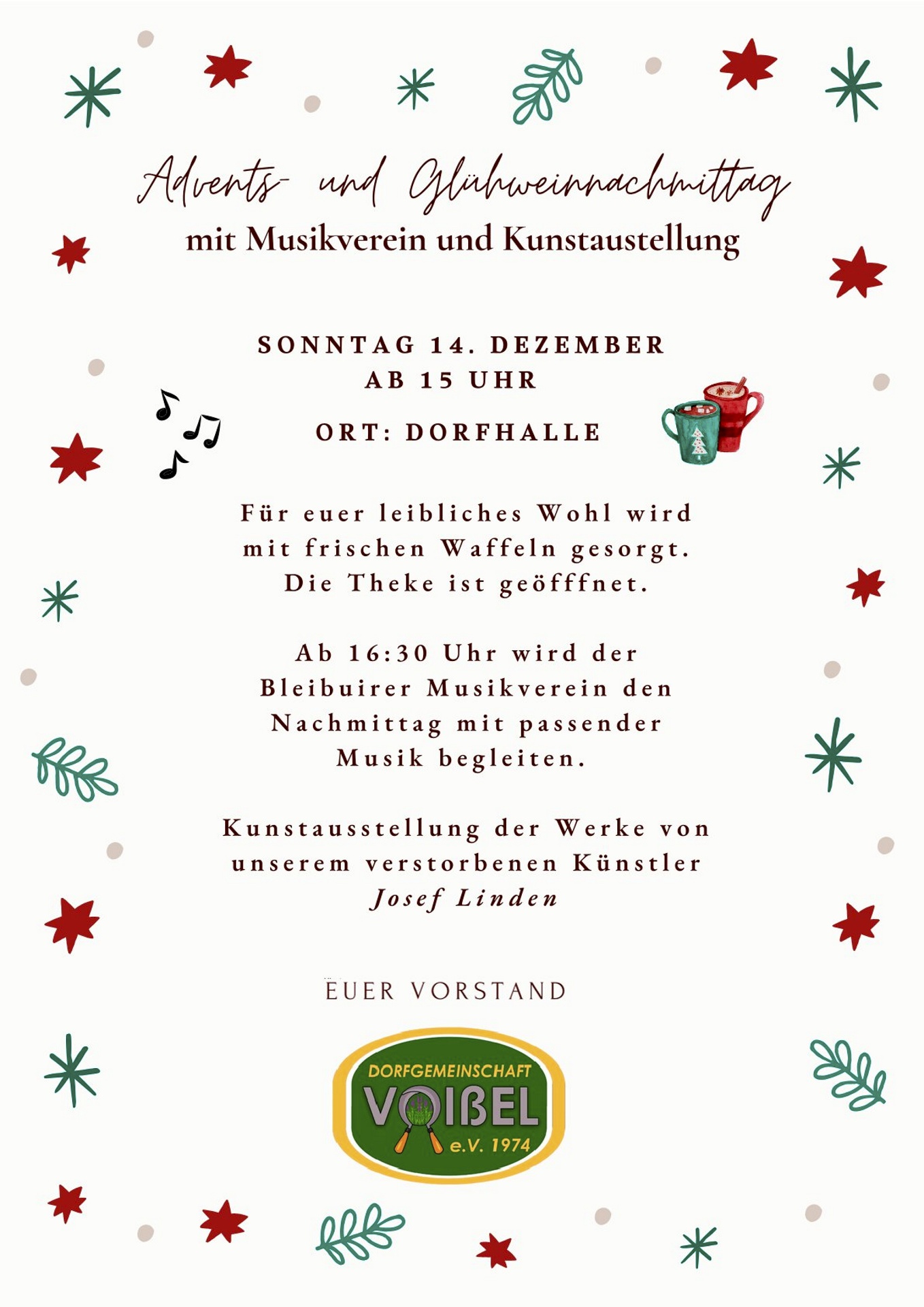 In der Voißeler Dorfhalle wird es am dritten Advent stimmungsvoll: Auf dem Programm steht unter anderem der Besuch des Musikvereins Bleibuir. Grafik: Dorfgemeinschaft Voißel/pp/Agentur ProfiPress