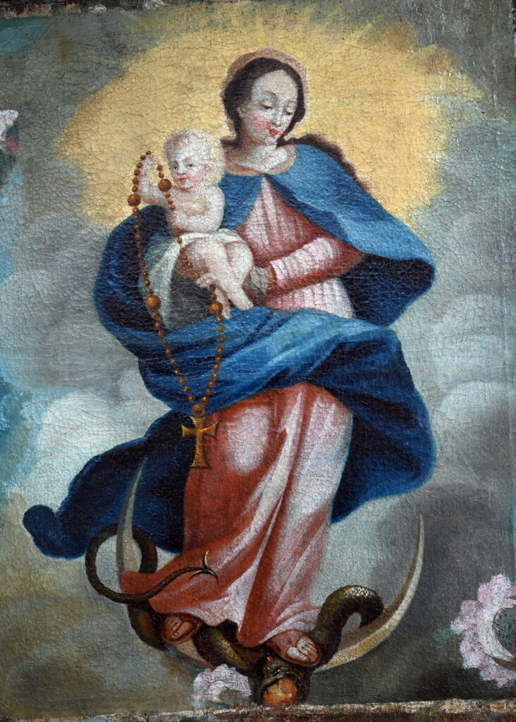 Die Rosenkranzmadonna (it.: „Madonna del Rosario“) ist ein 1605/06 entstandenes Gemälde von Michelangelo Merisi da Caravaggio. Das in Gemünd entdeckte Bild entstand ebenfalls um das Jahr 1600, der Blüte der Rosenkranzfrömmigkeit, ist aber nach Ansicht von „Tryptychon“ Peter Schweikert-Wehner künstlerisch bei weitem nicht so anspruchsvoll. Foto: Manfred Lang/pp/Agentur ProfiPress