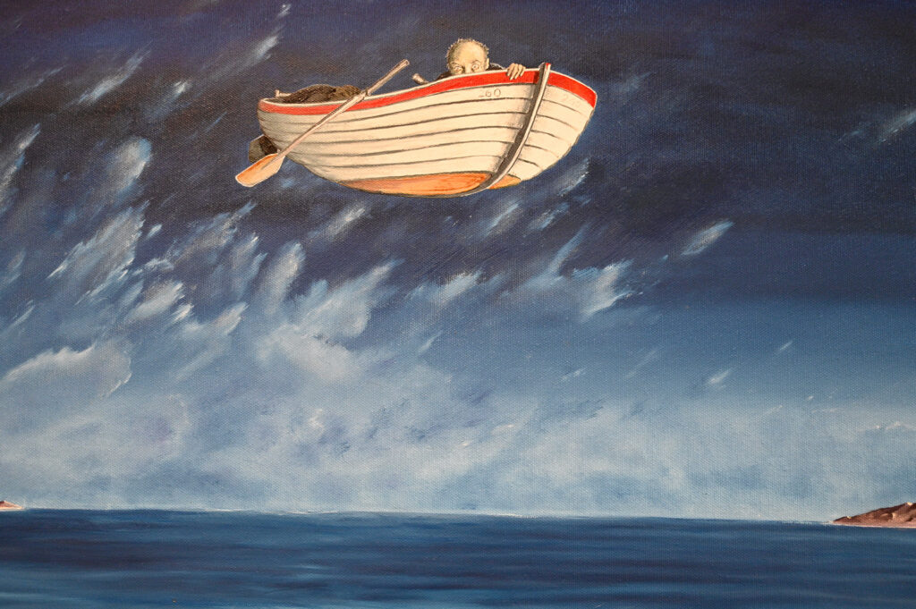 Ein Mann flog im Boot... in diesem Gemälde namens „Oh“. Foto: Henri Grüger/pp/Agentur ProfiPress