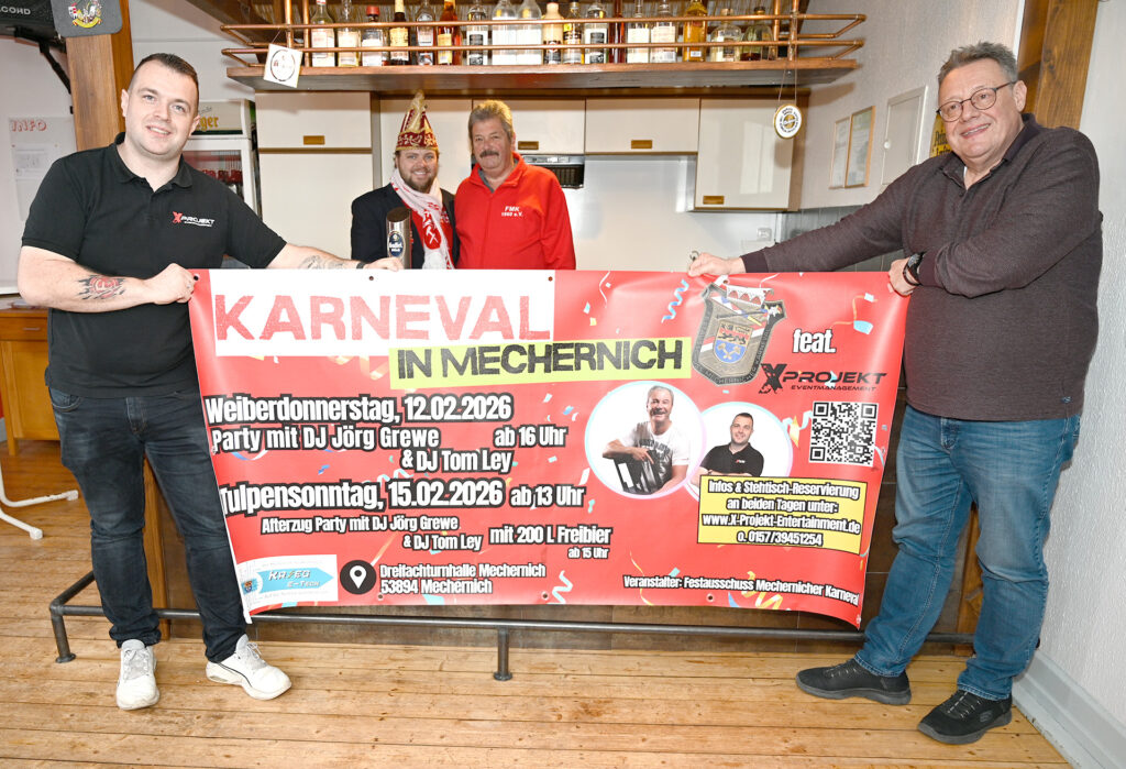 Freuen sich schon auf zwei große Partys an Weiberdonnerstag (12. Februar) und Tulpensonntag (15. Februar) in Mechernich: (v. l.) Veranstalter und DJ Tom Ley, Prinz Torsten und Albert Meyer sowie Michael Sander vom FMK. Foto: Henri Grüger/pp/Agentur ProfiPress