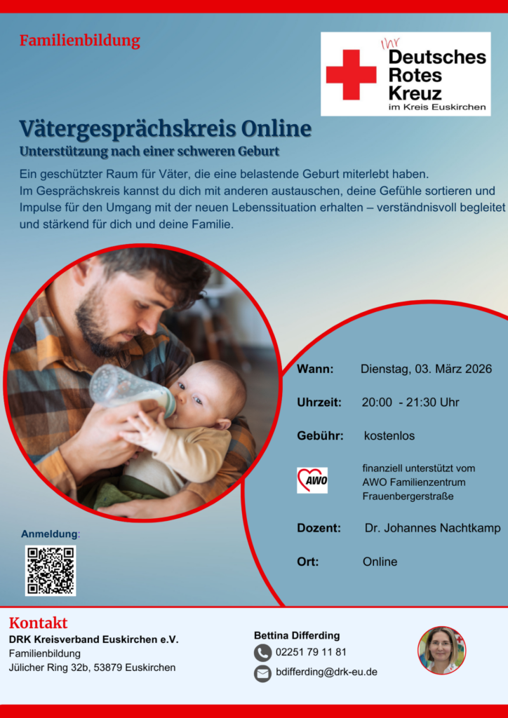 Hilfe für Elternteile, die die Geburt ihres Kindes als belastend empfunden haben, bieten zwei unabhängig voneinander durchgeführte Online-Gesprächsgruppen des DRK. – Einmal für Mütter. Und einmal für Väter. Grafik: DRK/pp/Agentur ProfiPress